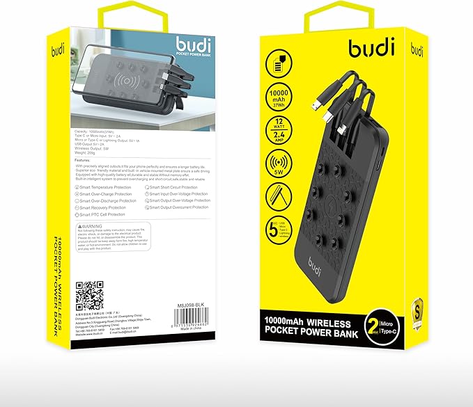 Wireless 10000mAh Power bank with 3 integrated cables by Budi